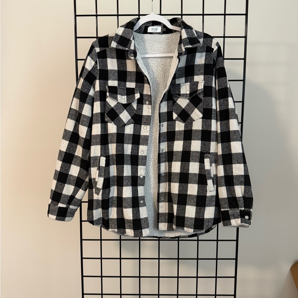 Black and White Plaid Button-Up Jacket